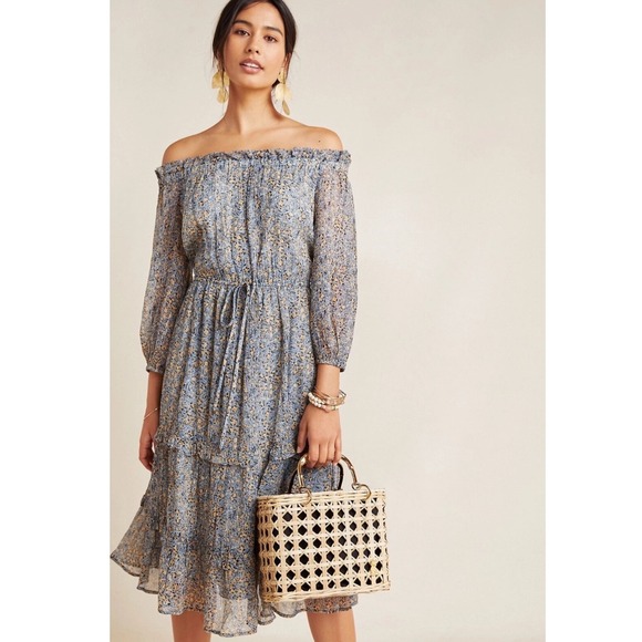 Anthropologie Kira Floral Off The Shoulder Tiered Midi Dress Blue Yellow Size 4 - Picture 2 of 10
